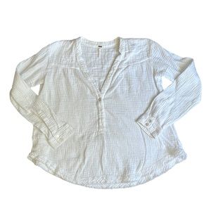 Free People Boho Brushed White Long Sleeved V-Neck 100%Cotton Tunic Top
